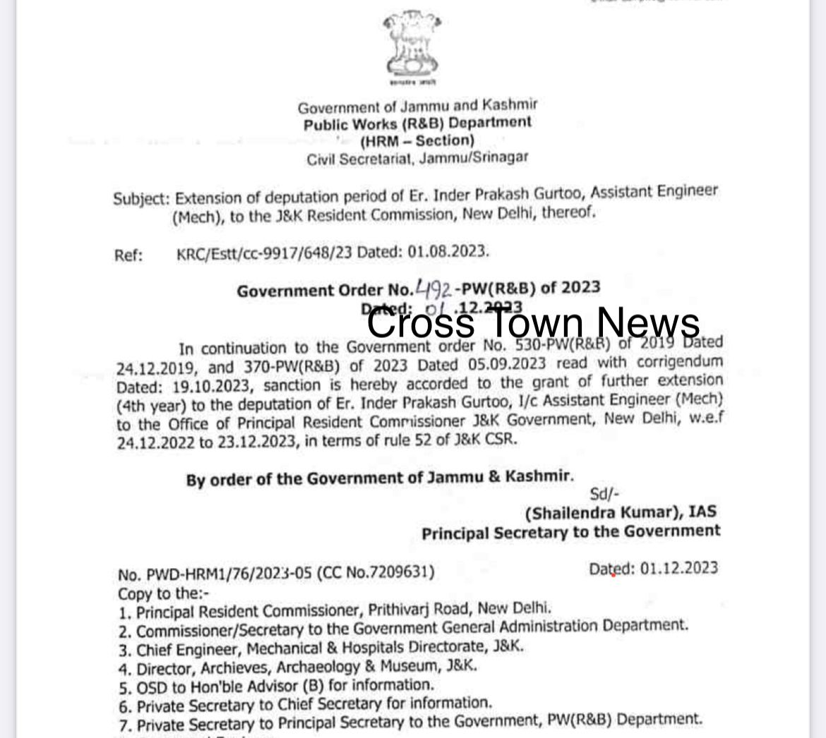 Extension Of Deputation Period Of J K Engineer