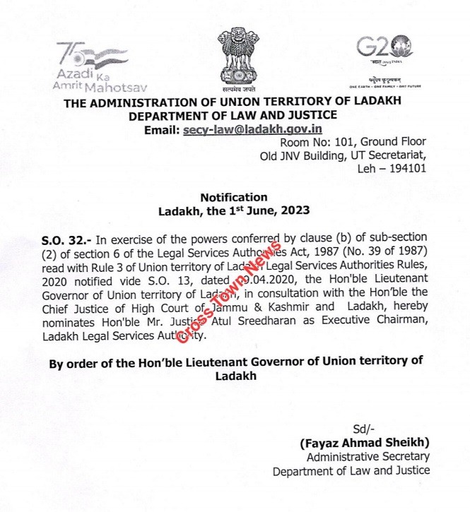 Ladakh UT Govt nominates Honble Justice Atul Sreedharan as Executive ...