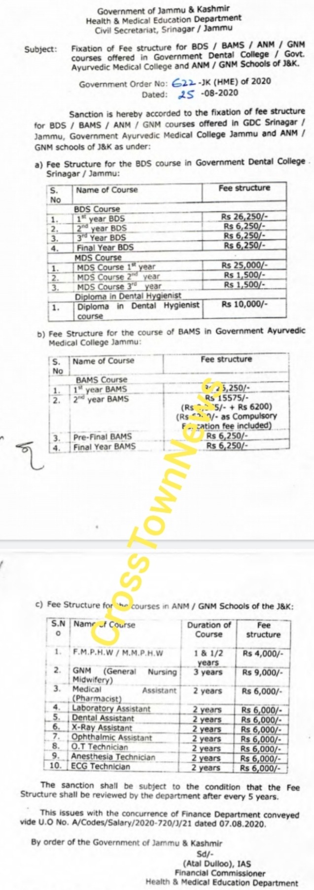 Fixation of fee for BDS BAMS ANM Courses in Govt Dental Ayurvedic