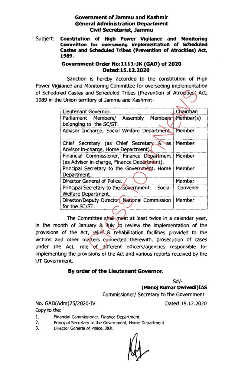 Constitution Of Committee For Implementation Of Scheduled Castes And ...