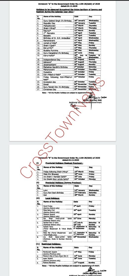 J K Govt Issues List Of Holidays For Year 21 Cross Town News A Leading Newspaper Of J K