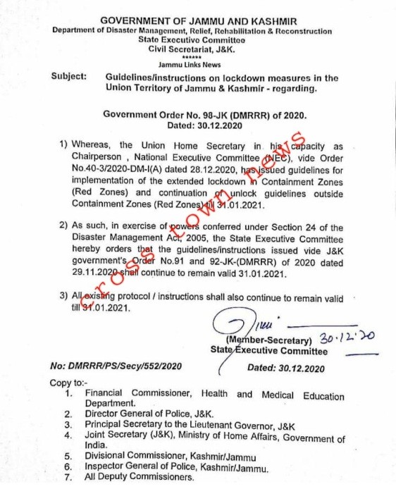 Guidelines/instructions on lockdown measures in J&K extend till 31st ...