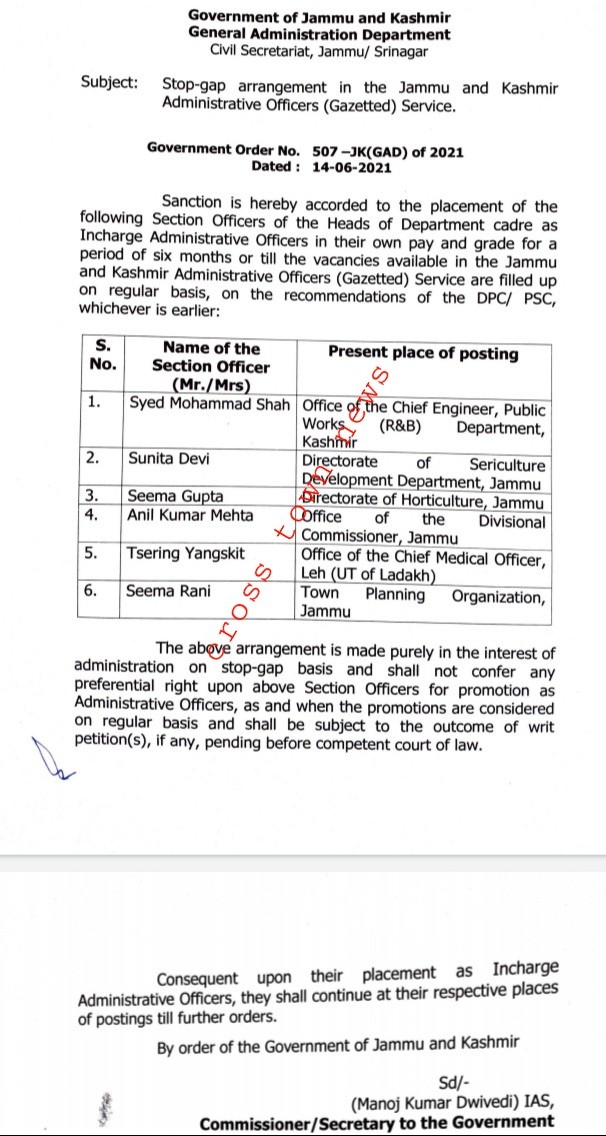 Stop Gap arrangement in the J&K Administrative Officers(Gazetted) Service