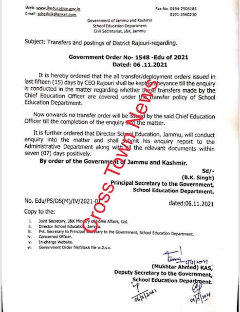 J&K: Comm/Sec Orders For Keeping Transfers Orders In Abeyance