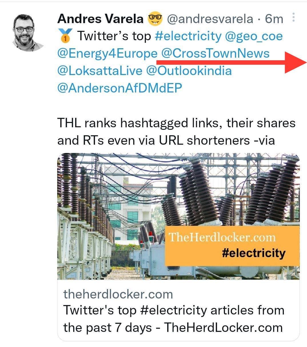 Cross Town News ranks No 3 World wide on Electricity Articles on Twitter in last 7 Days