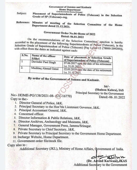 Placement of Superintendents of Police in Selection Grade of SPs