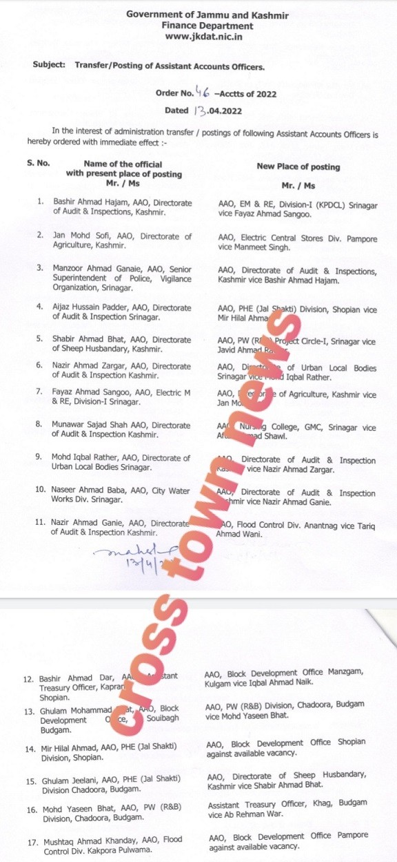 
	J&K Finance Department transfers 29 Officers
