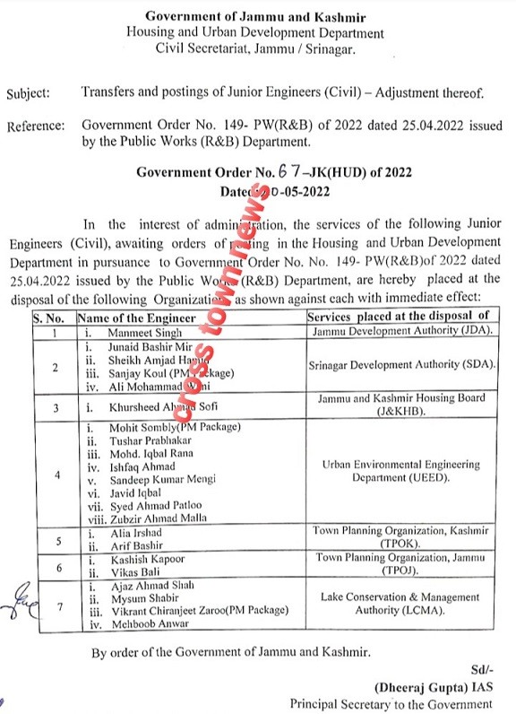 J&K Govt orders transfer & posting of Engineers - Cross Town News, a ...