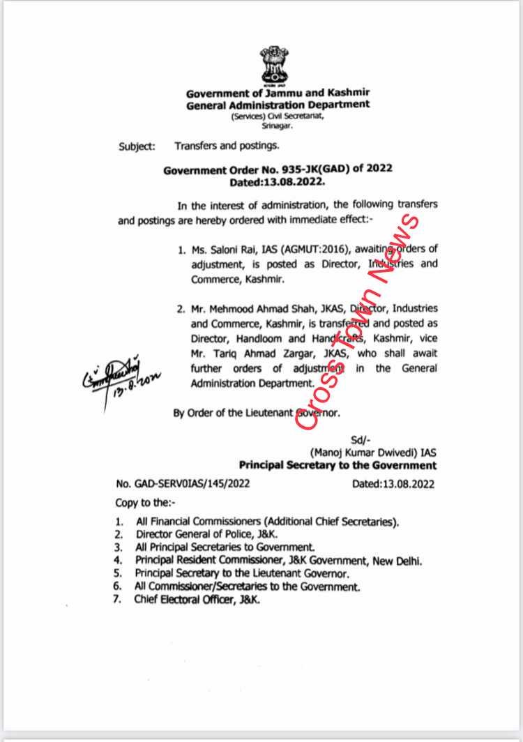 J&k Govt Orders Transfers And Postings Of Ias, Jkas Officers