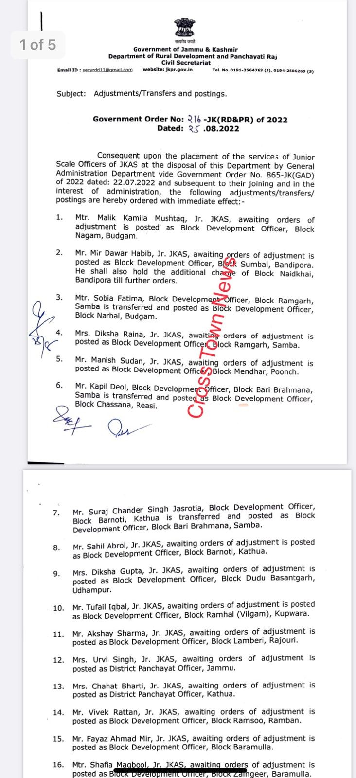 J&K Govt Orders Transfers And Postings Of 38 Officers Including 31 JKAS ...