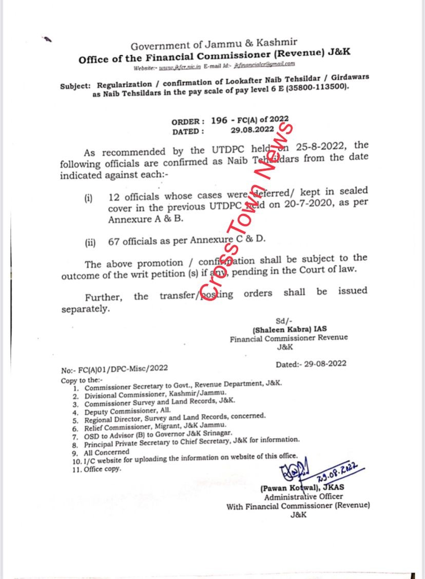 Regularisation/Confirmation of Lookafter Naib Tehsildars/Girdawars as ...