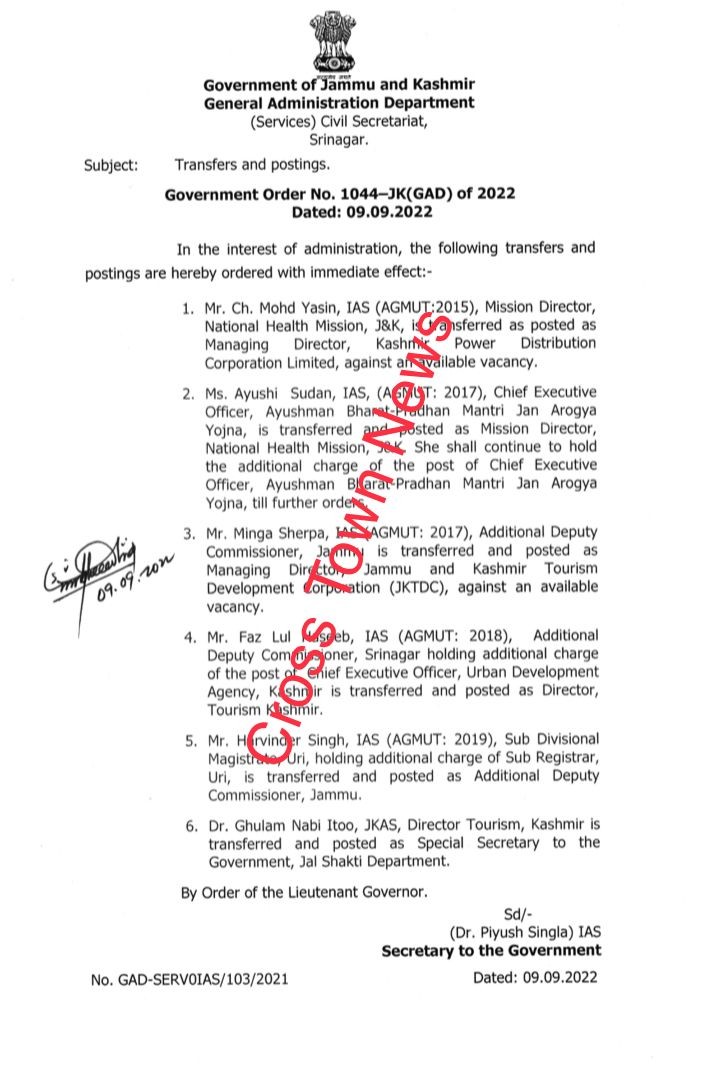 J&K Govt Orders Transfers And Postings Of IAS, JKAS Officers