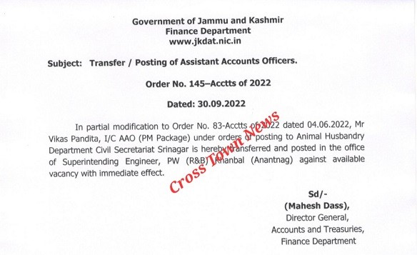 J&K Govt modifies transfer order of an officer within 04 months?