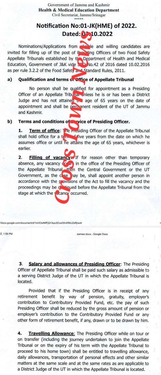 J&K Govt Issues Notification For Filling Up Posts Of Presiding Officers ...