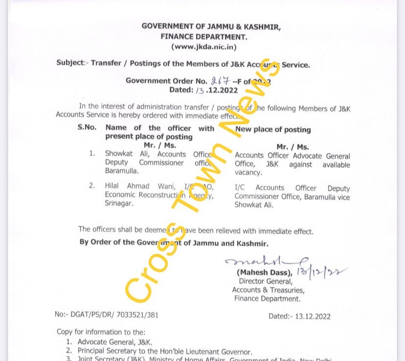 J&K Govt orders transfers and postings of AOs - Cross Town News, a ...